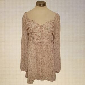 Boho Summer Floral Mini Midi Dress Corset Front Sheer Sleeves Large